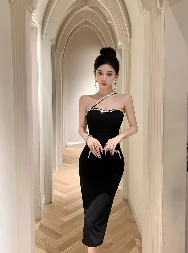 Strechy bodycon dress rhinestone strap
