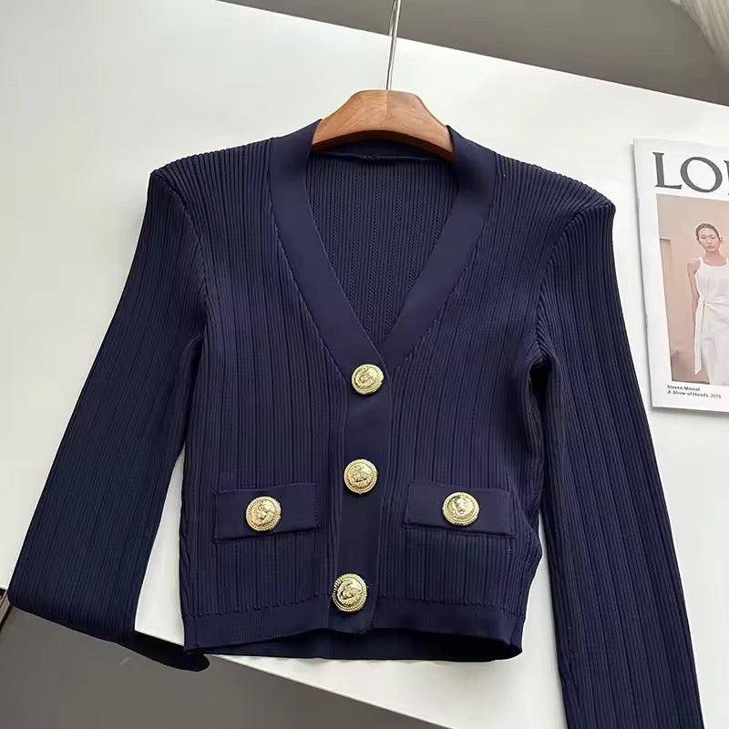 Premium Quality Women Fashion Autumn Vintage Cute Gold Button Knitted Cardigan Sweater Top