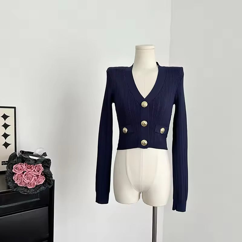 Premium Quality Women Fashion Autumn Vintage Cute Gold Button Knitted Cardigan Sweater Top