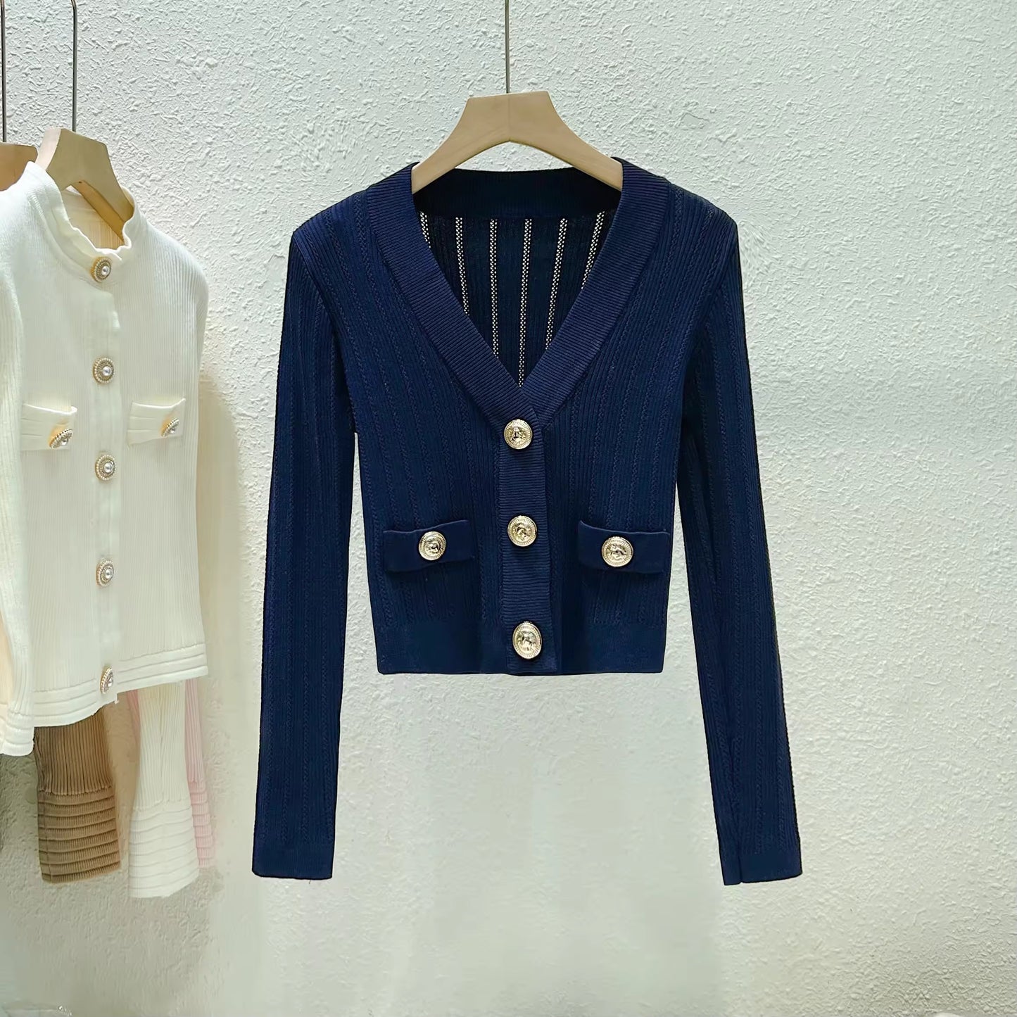 Premium Quality Women Fashion Autumn Vintage Cute Gold Button Knitted Cardigan Sweater Top