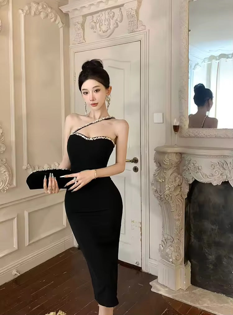 Strechy bodycon dress rhinestone strap