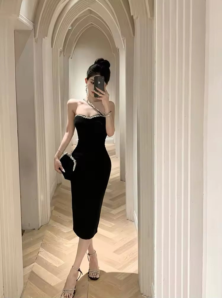 Strechy bodycon dress rhinestone strap