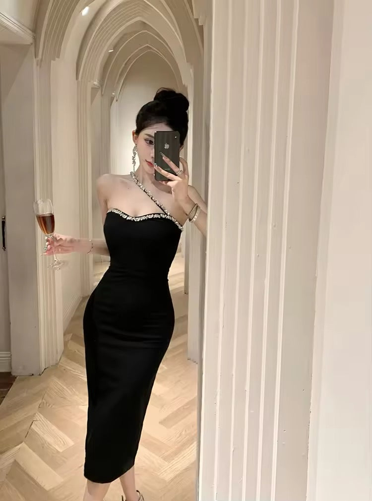 Strechy bodycon dress rhinestone strap
