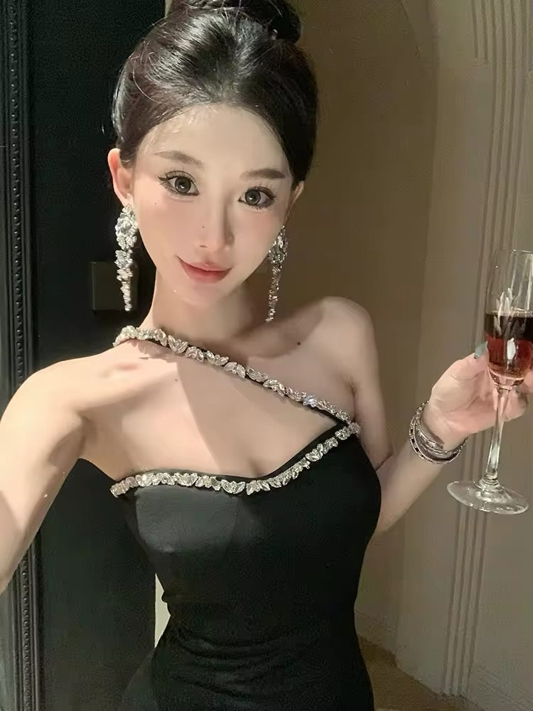Strechy bodycon dress rhinestone strap