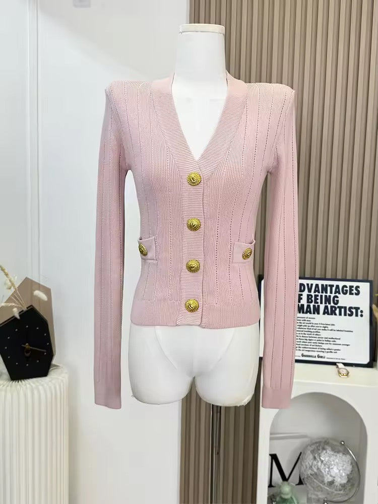 Premium Quality Women Fashion Autumn Vintage Cute Gold Button Knitted Cardigan Sweater Top