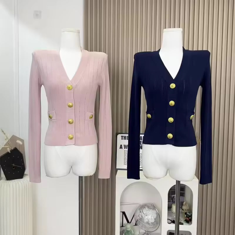 Premium Quality Women Fashion Autumn Vintage Cute Gold Button Knitted Cardigan Sweater Top
