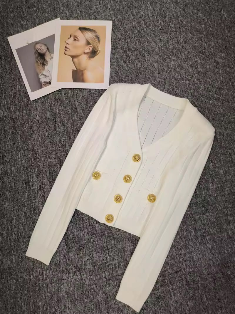 Premium Quality Women Fashion Autumn Vintage Cute Gold Button Knitted Cardigan Sweater Top