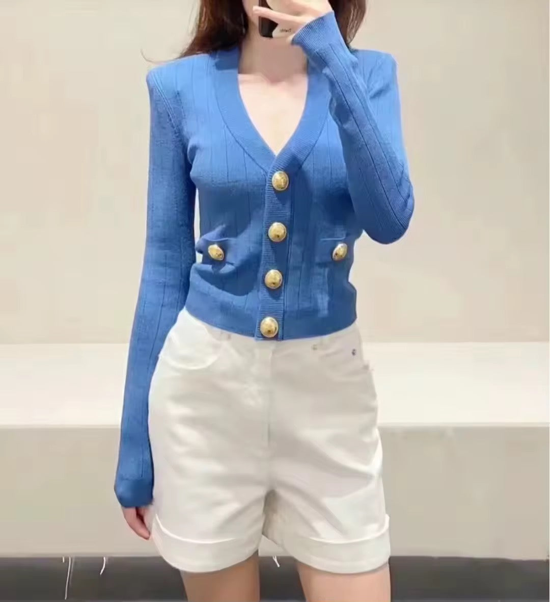 Premium Quality Women Fashion Autumn Vintage Cute Gold Button Knitted Cardigan Sweater Top