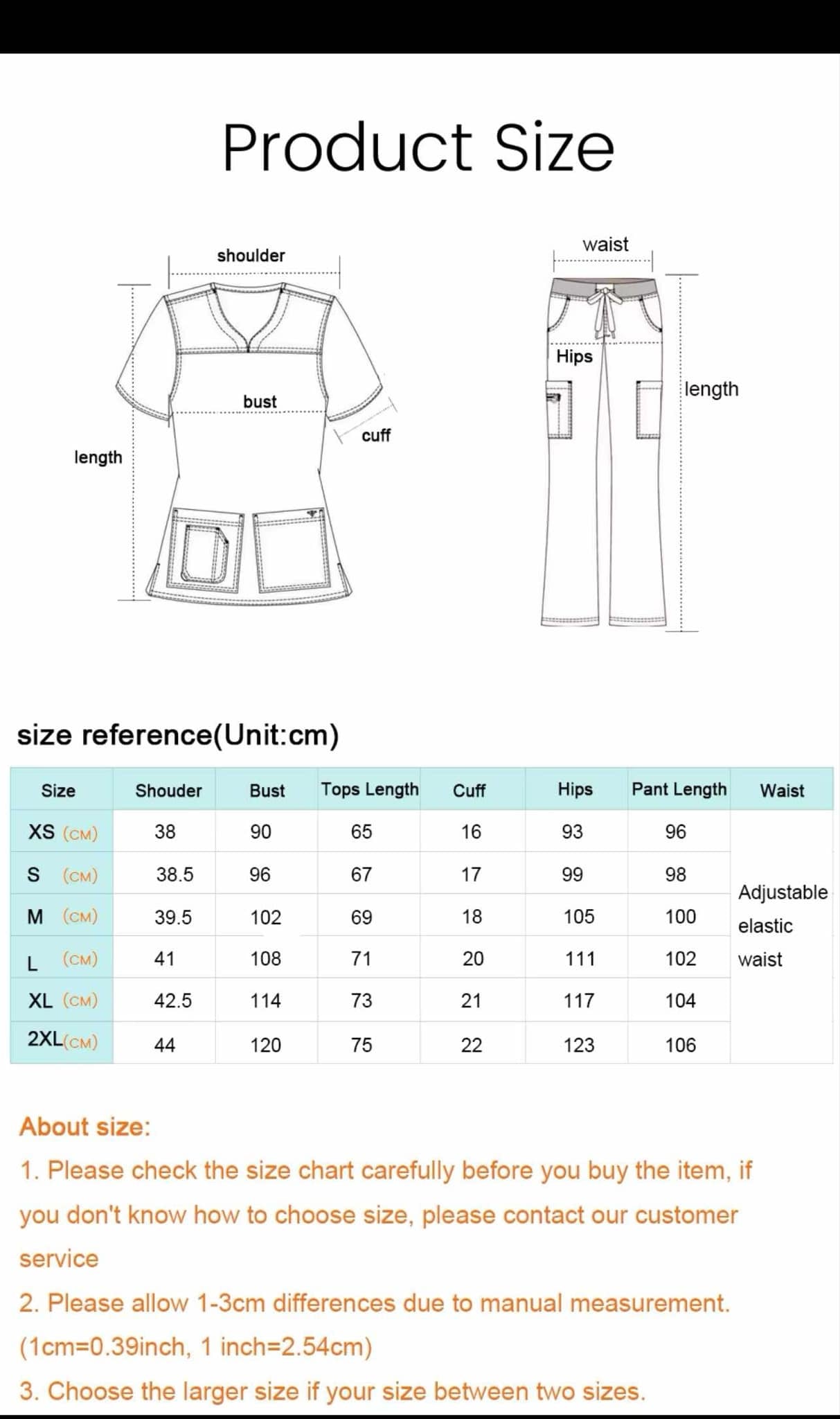 Size Chart Women's Hospital Scrub Set
