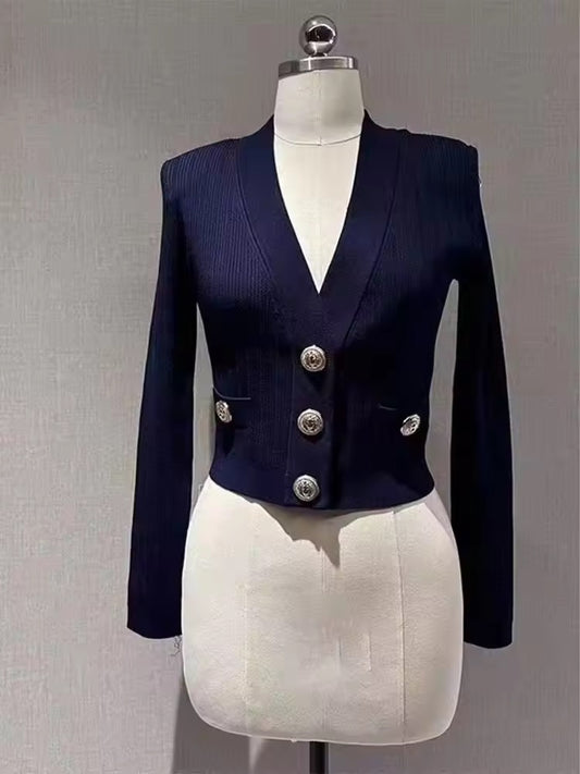 Premium Quality Women Fashion Autumn Vintage Cute  Gold Button Knitted Cardigan Sweater Top