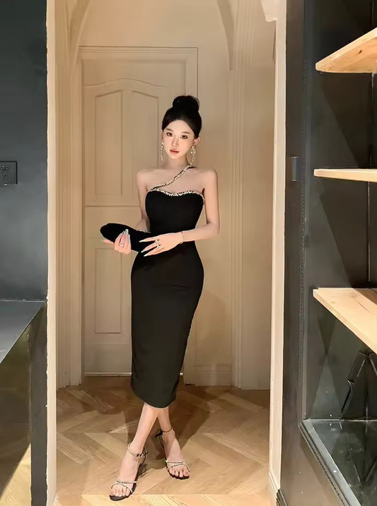 Strechy bodycon dress rhinestone strap