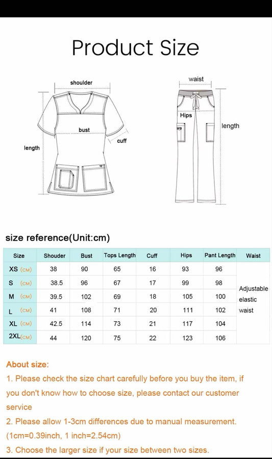 Size Chart Women's Hospital Scrub Set